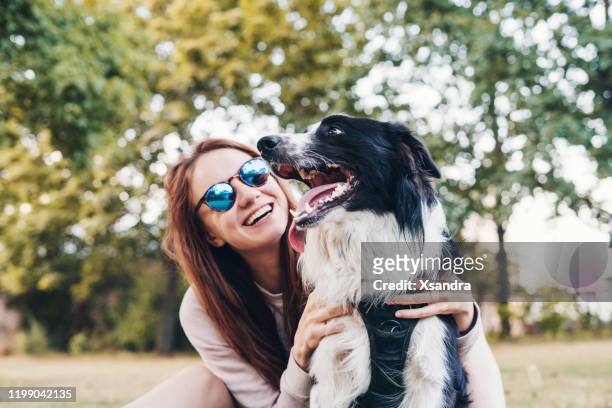 young woman playing with a dog outdoors - border collie stock pictures, royalty-free photos & images