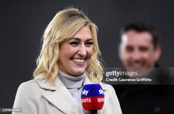 Sky Television Presenter Kelly Cates speaks to camera during the Premier League match between Sheffield United and West Ham United at Bramall Lane on...