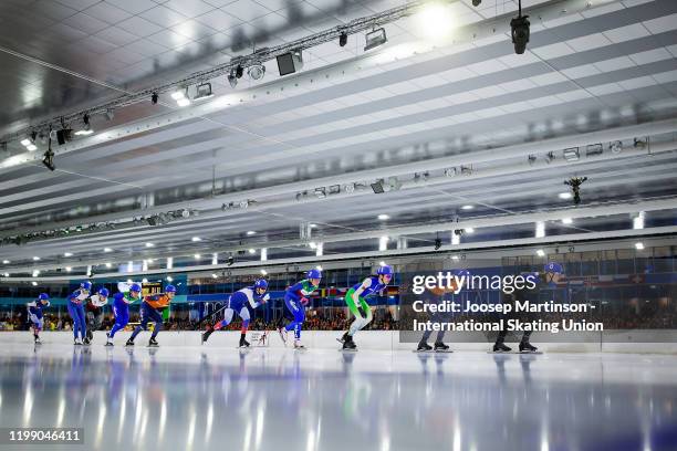 Saskia Alusalu of Estonia leads the pack in the Ladies Mass Start during day 3 of the ISU European Speed Skating Championships at ice rink Thialf on...