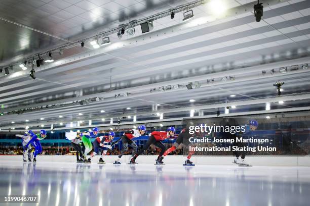 Bart Swings of Belgium leads the pack in the Men's Mass Start during day 3 of the ISU European Speed Skating Championships at ice rink Thialf on...