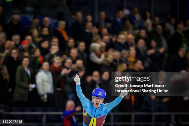 Bart Swings of Belgium reacts after finishing first in the Men's Mass Start during day 3 of the ISU European Speed Skating Championships at ice rink...