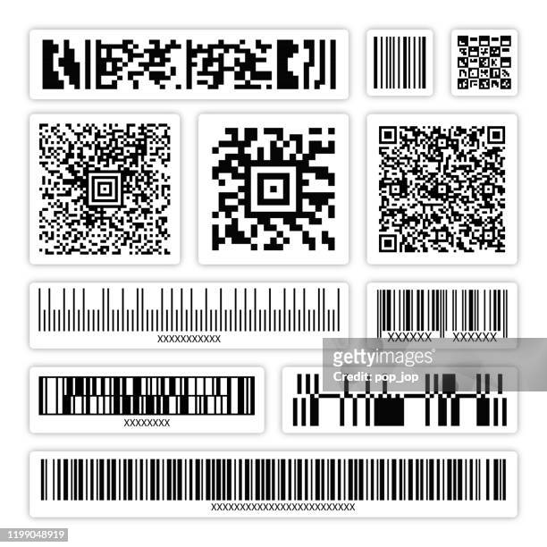 illustrazioni stock, clip art, cartoni animati e icone di tendenza di codice a barre astratto, codice qr, adesivo del codice di imballaggio set vector - codice