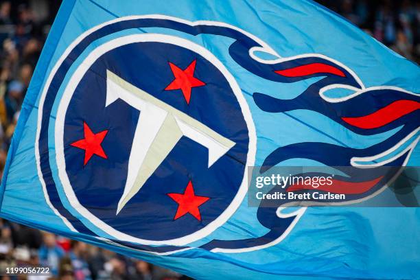 Detail view of the Tennessee Titans logo on a flag waved by cheerleaders during the game against the New Orleans Saints at Nissan Stadium on December...