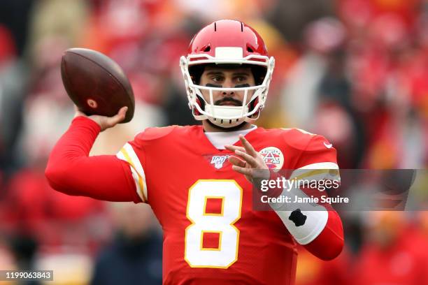 Matt Moore of the Kansas City Chiefs warms up prior to the AFC Divisional playoff game against the Houston Texans at Arrowhead Stadium on January 12,...