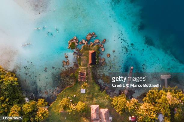 aerial view of stromatolites at laguna bacalar, mexico - latin american civilizations stock pictures, royalty-free photos & images