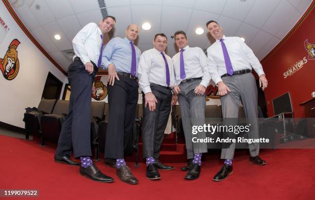 Coaches Pierre Groulx, Davis Payne, D.J. Smith, Jack Capuano, Bob Jones of the Ottawa Senators sport special ties and socks for Do It For Daron Youth...