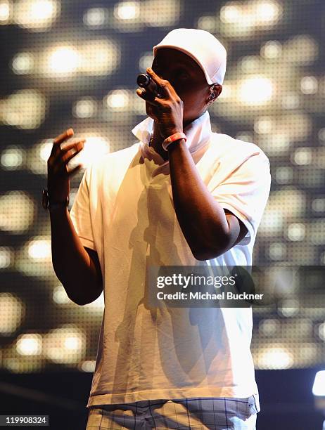 Singer Javier Colon rehearses on stage for "The Voice" Live Tour at the Gibson Amphitheatre on July 26, 2011 in Universal City, California.