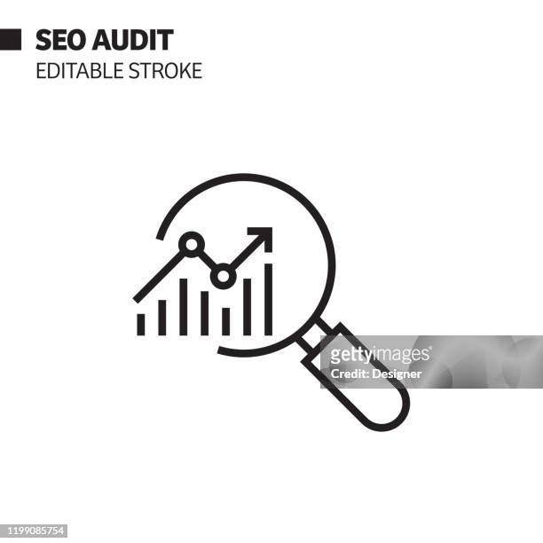 seo audit line icon, outline vector symbol illustration. pixel perfect, editable stroke. - magnifying glass stock illustrations