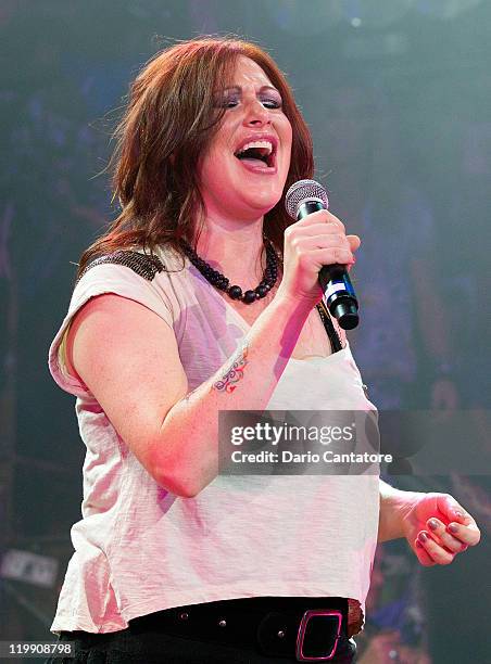Singer Tiffany performs at Broadway's "Rock Of Ages" at Helen Hayes Theatre on July 26, 2011 in New York City.