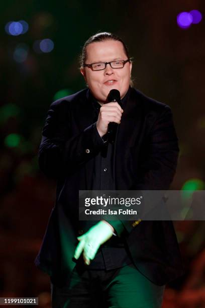 Irish singer Angelo Kelly performs during the television show "Schlagerchampions - Das grosse Fest der Besten" at Velodrom on January 11, 2020 in...