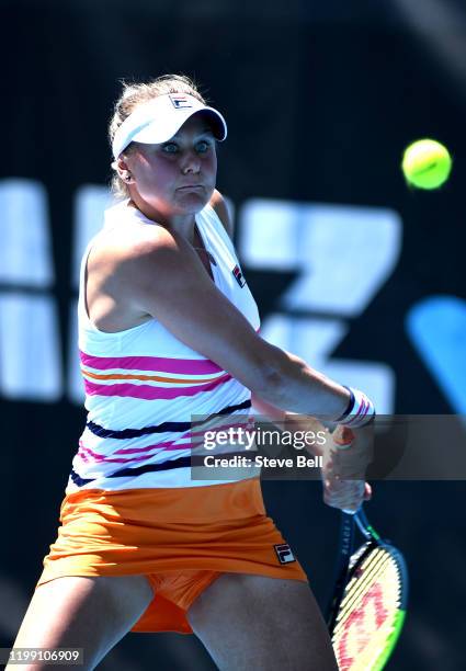 Kateryna Kozlova of the Ukraine plays a backhand shot during day three of the 2020 Hobart International at Domain Tennis Centre on January 13, 2020...