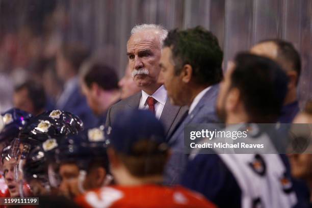 Head coach Joel Quenneville of the Florida Panthers looks on against the Toronto Maple Leafs during the second period at BB&T Center on January 12,...