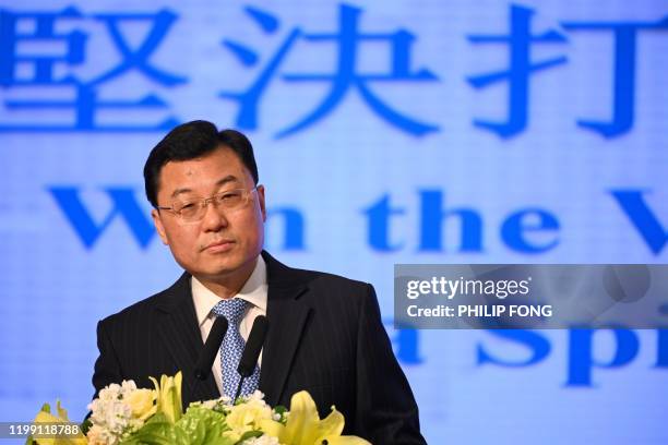 The Commissioner of the Office of the Commissioner of the Ministry of Foreign Affairs of China in the HKSAR Xie Feng gives a speech in a press...