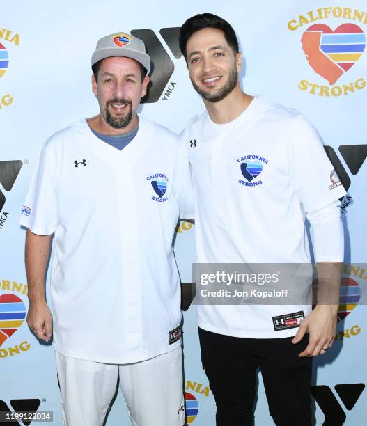 Adam Sandler and Ryan Braun attend California Strong Celebrity Softball Game at Pepperdine University Baseball Field on January 12, 2020 in Malibu,...