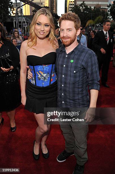 Actors Clare Grant and Seth Green arrive at the "Cowboys & Aliens" World Premiere at San Diego Civic Theatre on July 23, 2011 in San Diego,...