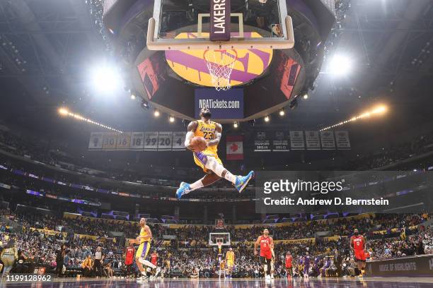 LeBron James of the Los Angeles Lakers goes in for the dunk against the Houston Rockets on February 6, 2020 at STAPLES Center in Los Angeles,...