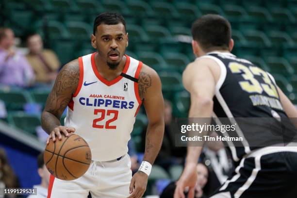 Xavier Rathan-Mayes of the Agua Caliente Clippers dribbles the ball against Dakota Mathias of the Texas Legends during the first quarter on February...