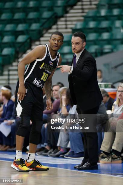 George Galanopoulos # of the Texas Legends talks with Jahmal McMurray of the Texas Legends during the second quarter against the Agua Caliente...