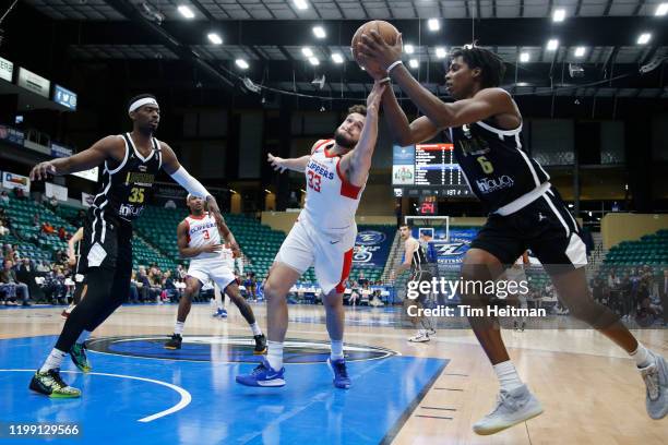 Avila of the Agua Caliente Clippers grabs a rebound against Jaylen Hoard of the Texas Legends during the first quarter on February 06, 2020 at...