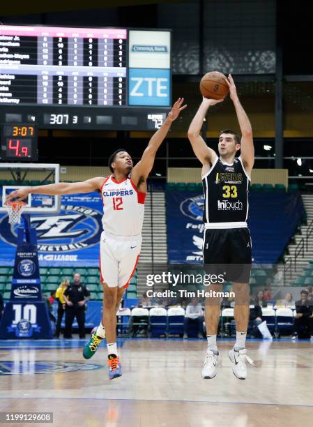 Dakota Mathias of the Texas Legends shoots against James Palmer of the Agua Caliente Clippers during the third quarter on February 06, 2020 at...