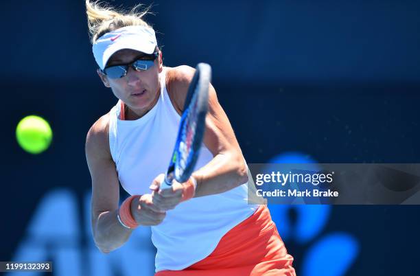 Kveta Peschke of the Czech Republic in her doubles match with Demi Schuurs of the Netherlands against Simona Halep of Romania and Raluca Olaru of...