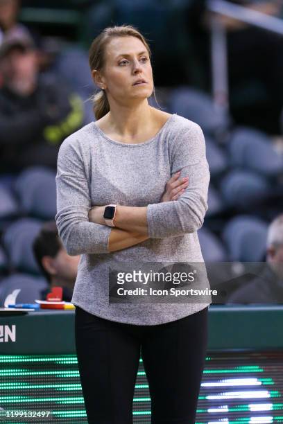 Northern Kentucky Norse head coach Camryn Whitaker on the sideline during the fourth quarter of the women's college basketball game between the...