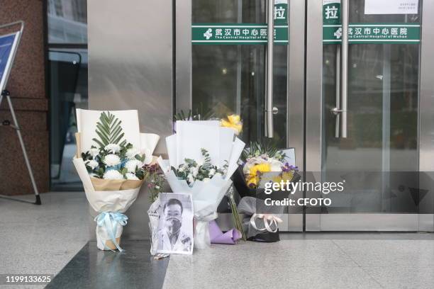 Residents of Houhu Hospital District, Wuhan Central Hospital, flowers for the dead Doctor Li Wenliang, Wuhan, Hubei Province, China, February 7,...