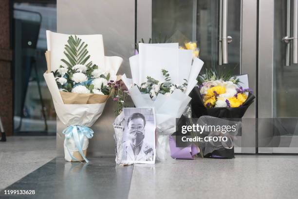 Residents of Houhu Hospital District, Wuhan Central Hospital, flowers for the dead Doctor Li Wenliang, Wuhan, Hubei Province, China, February 7,...