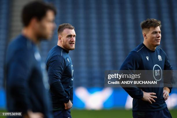 Scotland's captain and full-back Stuart Hogg and Scotland's centre Huw Jones participate in the captain's run training session at Murrayfield Stadium...