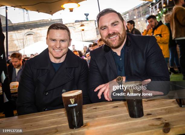 Chris Ashton and Andy Goode with rugby fans at a packed out Flat Iron Square in London to watch the hotly anticipated GUINNESS Six Nations...