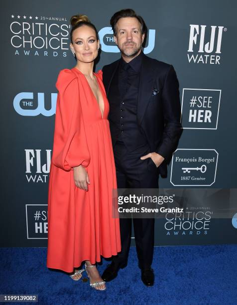 Olivia Wilde and Jason Sudeikis arrives at the 25th Annual Critics' Choice Awards at Barker Hangar on January 12, 2020 in Santa Monica, California.