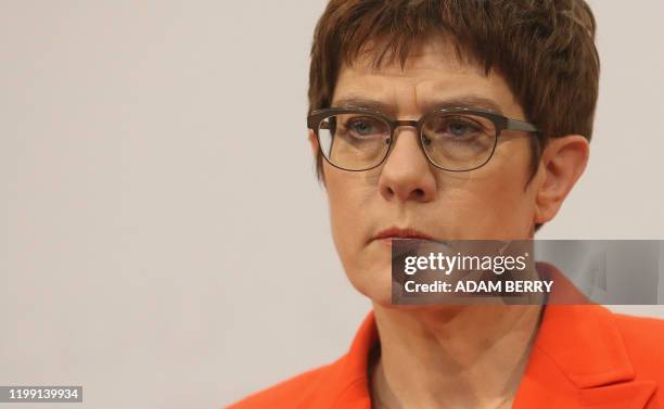 The leader of the Christian Democratic Union Annegret Kramp-Karrenbauer looks on during a press conference on February 7, 2020 after a leadership...