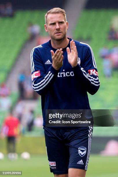 Melbourne Victory forward Nils Ola Toivonen acknowledges the crowd during warm up during the round 18 A-League soccer match between Melbourne City FC...