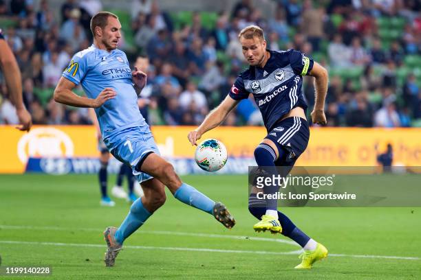 Melbourne Victory forward Nils Ola Toivonen challenges the ball during the round 18 A-League soccer match between Melbourne City FC and Melbourne...
