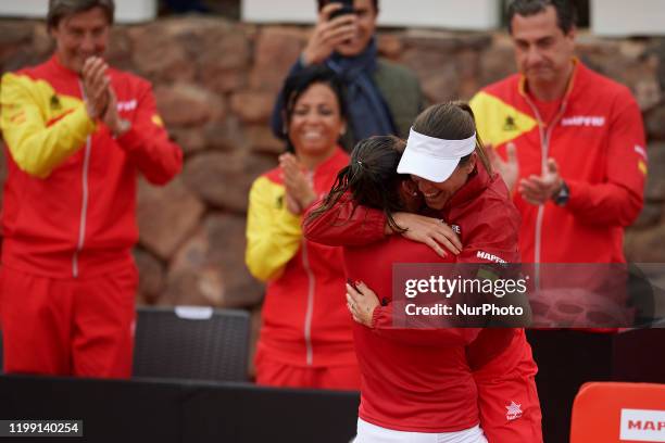 Sara Sorribes celebrates the victory after the first match of the 2020 Fed Cup Qualifier between Sara Sorribes of Spain and Naomi Osaka of Japan at...
