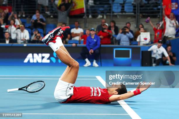 Novak Djokovic of Serbia celebrates match point in his doubles final with with Viktor Troicki of Serbia against Feliciano Lopez and Pablo Carreno...