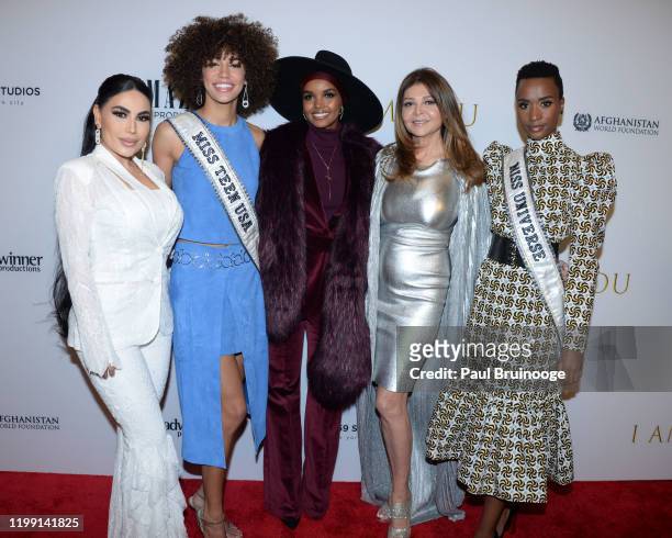 Aryana Sayeed, Kaliegh Garris, Halima Aden, Sonia Nassery Cole and Zozibini Tunzi attend New York Premiere Of "I Am You" at Pier 59 Studios on...
