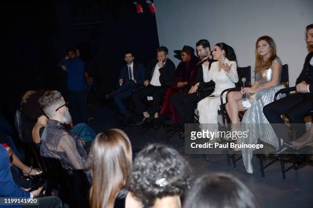 Chris Cole, Hakan Aydin, Halima Aden, Ali Pinar, Aryana Sayeed and Sonia Nassery Cole onstage at New York Premiere Of "I Am You" at Pier 59 Studios...