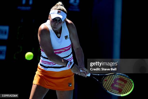 Kateryna Kozlova of the Ukraine plays a backhand shot during her match against Sara Sorribes Tormo of Spain on day three of the 2020 Hobart...