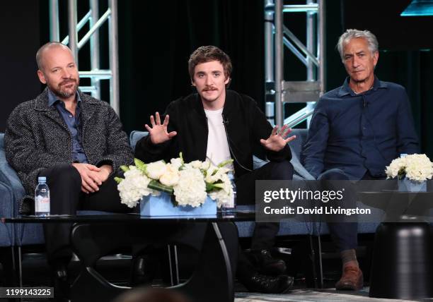 Peter Sarsgaard, Kyle Gallner and David Strathairn of "Interrogation" speak during the CBS All Access segment of the 2020 Winter TCA Press Tour at...