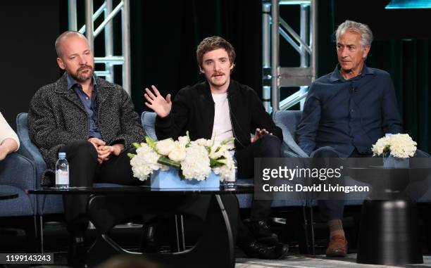 Peter Sarsgaard, Kyle Gallner and David Strathairn of "Interrogation" speak during the CBS All Access segment of the 2020 Winter TCA Press Tour at...