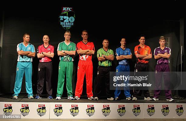 Big Bash Captains James Hopes of the Brisbane Heat, Brad Haddin of the Sydney Sixers, Cameron White of the Melbourne Stars, Andrew MacDonald of the...