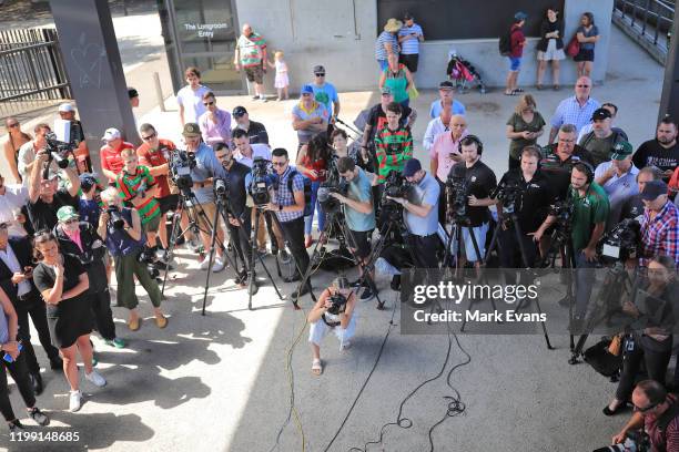 Large media contingent is seen as Latrell Mitchel speaks to the media during a South Sydney Rabbitohs NRL press conference at Redfern Oval on January...