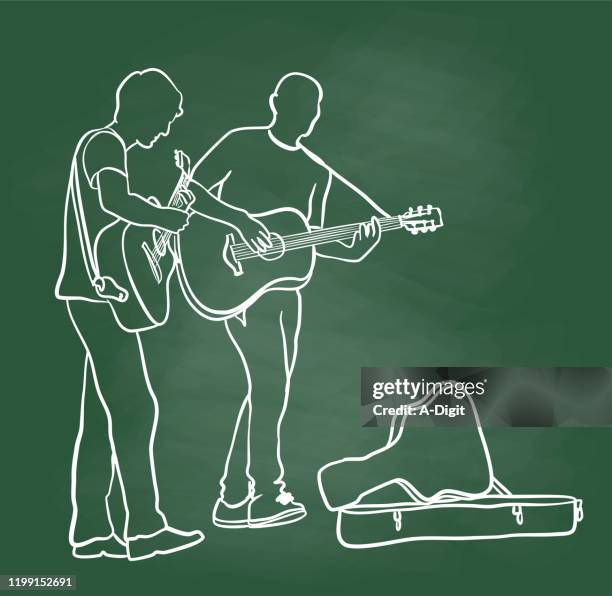 illustrazioni stock, clip art, cartoni animati e icone di tendenza di jam chalkboard musicista di strada - street artist