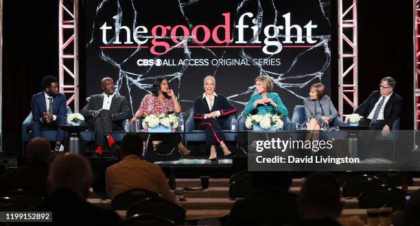 Nyambi Nyambi, Delroy Lindo, Audra McDonald, Cush Jumbo, Christine Baranski, Michelle King and Robert King of "The Good Fight" speak during the CBS...