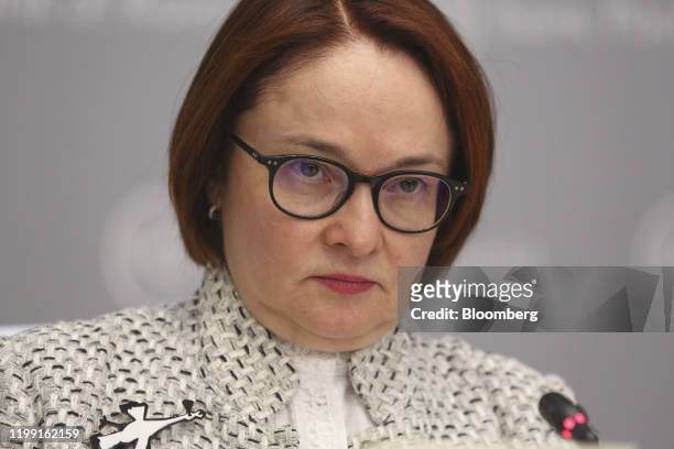 Elvira Nabiullina, governor of Russia's central bank, pauses during a rate announcement news conference in Moscow, Russia, on Friday, Feb. 7, 2020....