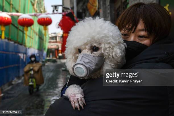 Chinese woman holds her dog that is wearing a protective mask as well as they stand in the street on February 7, 2020 in Beijing, China. The number...