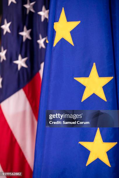 The European Union and United States flags on display before a meeting with US Secretary of State Mike Pompeo and EU High Representative For Foreign...