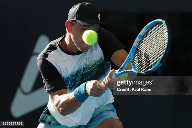 James Duckworth of Australia plays a backhand to Federico Delbonis of Argentina during day two of the 2020 Adelaide International at Memorial Drive...