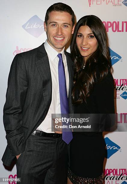 Tom Waterhouse and Hoda Vakili arrive on the pink carpet at the Cosmopolitan Fun, Fearless Females Awards on July 27, 2011 in Sydney, Australia.